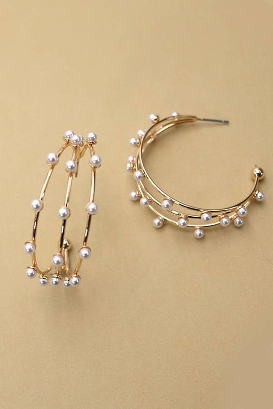 TRIPLE ROW WIRE PEARL HOOP EARRINGS  |  Gold
