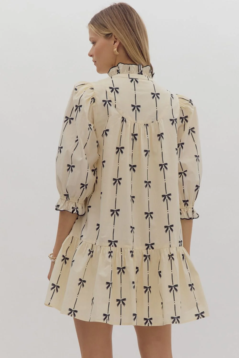 Beige Bowknot Printed Bubble Sleeve V-Neck Dress