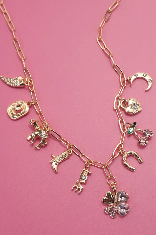 CHARM NECKLACE-WESTERN BOOTS HAT HORSESHOE HEART: GOLD