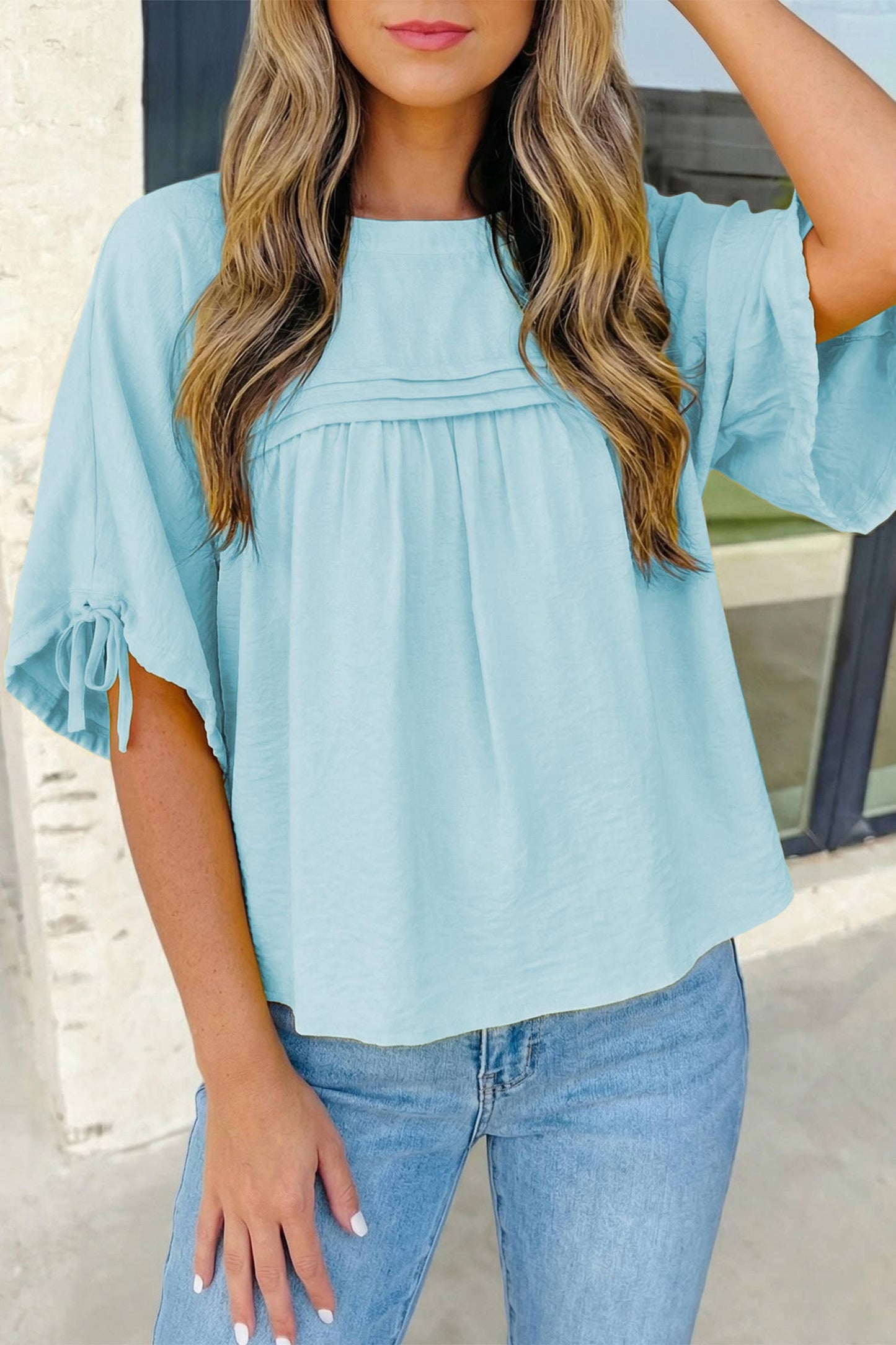 Tie Half Sleeve Pleated Detail Babydoll Blouse