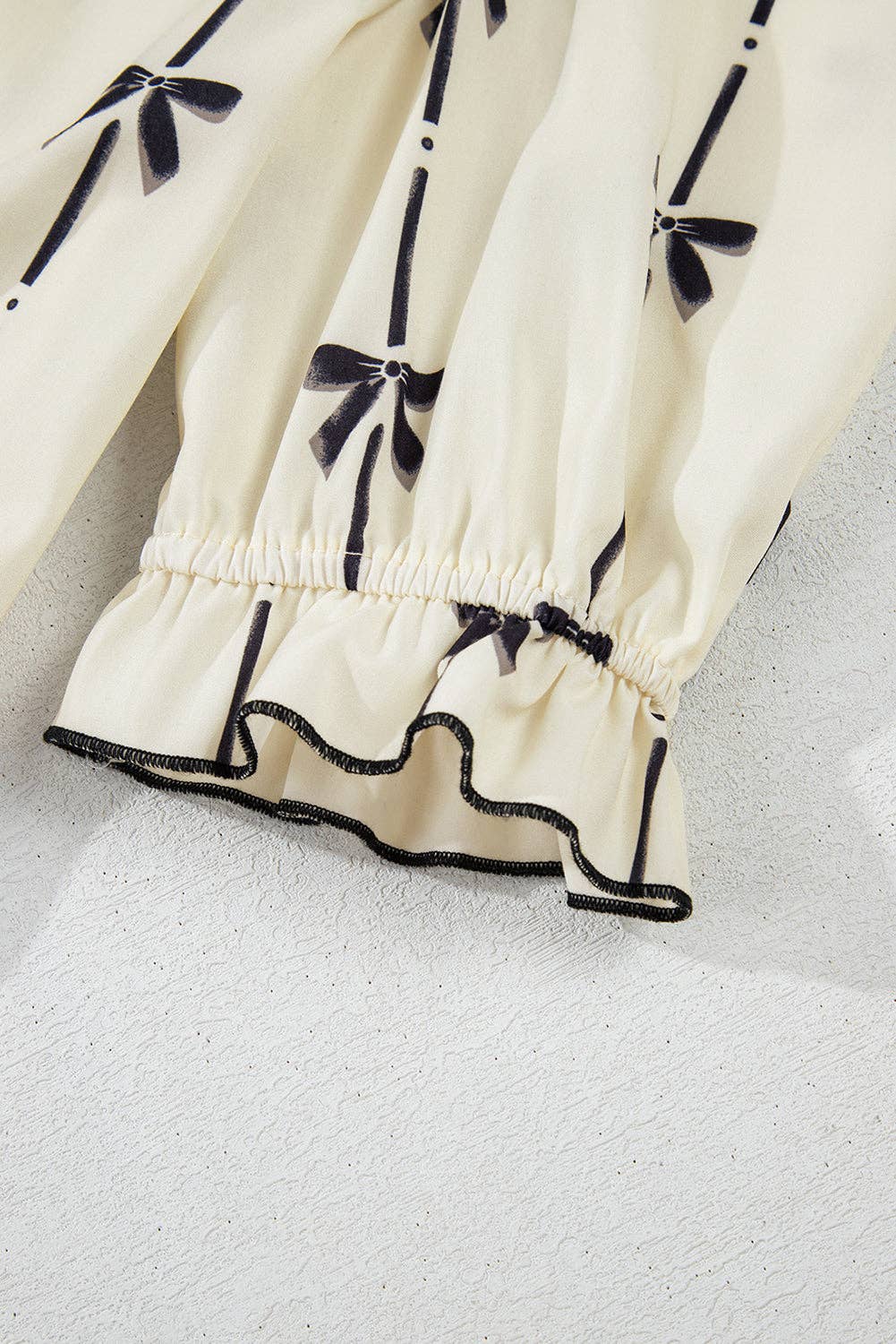 Beige Bowknot Printed Bubble Sleeve V-Neck Dress