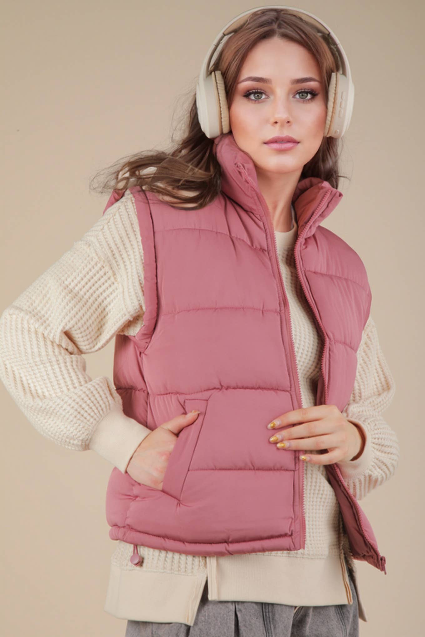 High Neck Casual Comfy Puffer Vest – Mauve