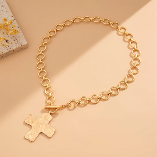 Hammered Cross Front Toggle Necklace