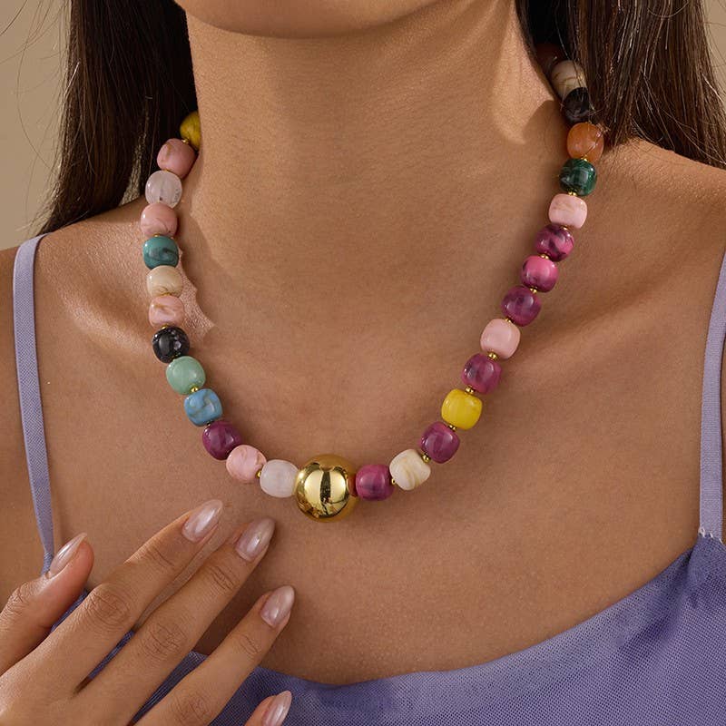 Barrel Beaded & Gold Ball Centerpiece Necklace MULTI