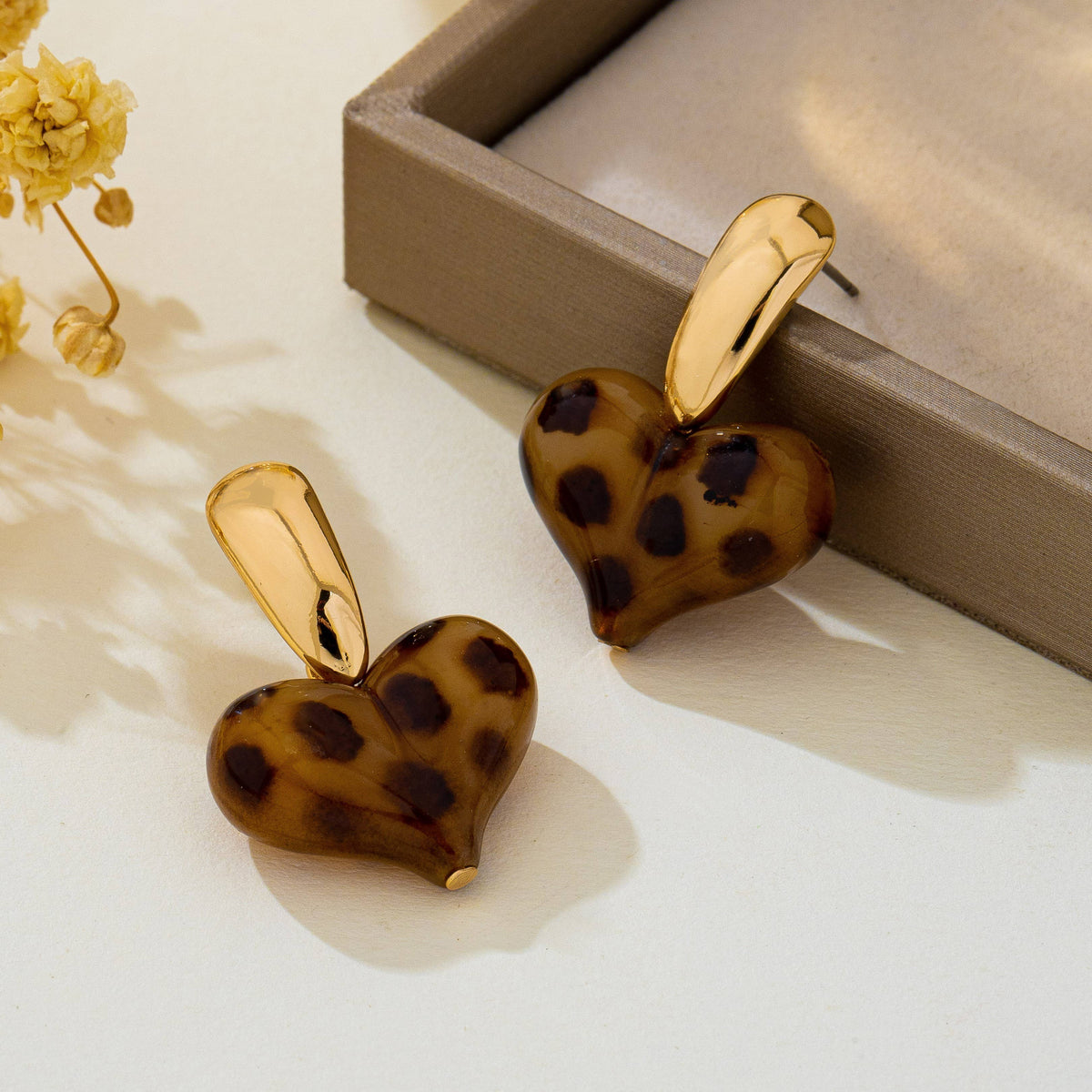 Animal Leopard Resin Heart Drop Earrings | GOLD