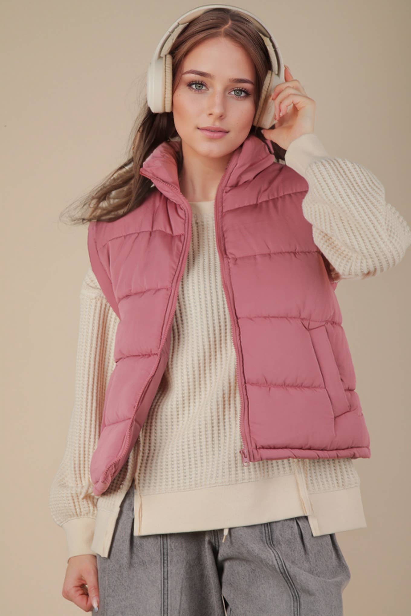 High Neck Casual Comfy Puffer Vest – Mauve
