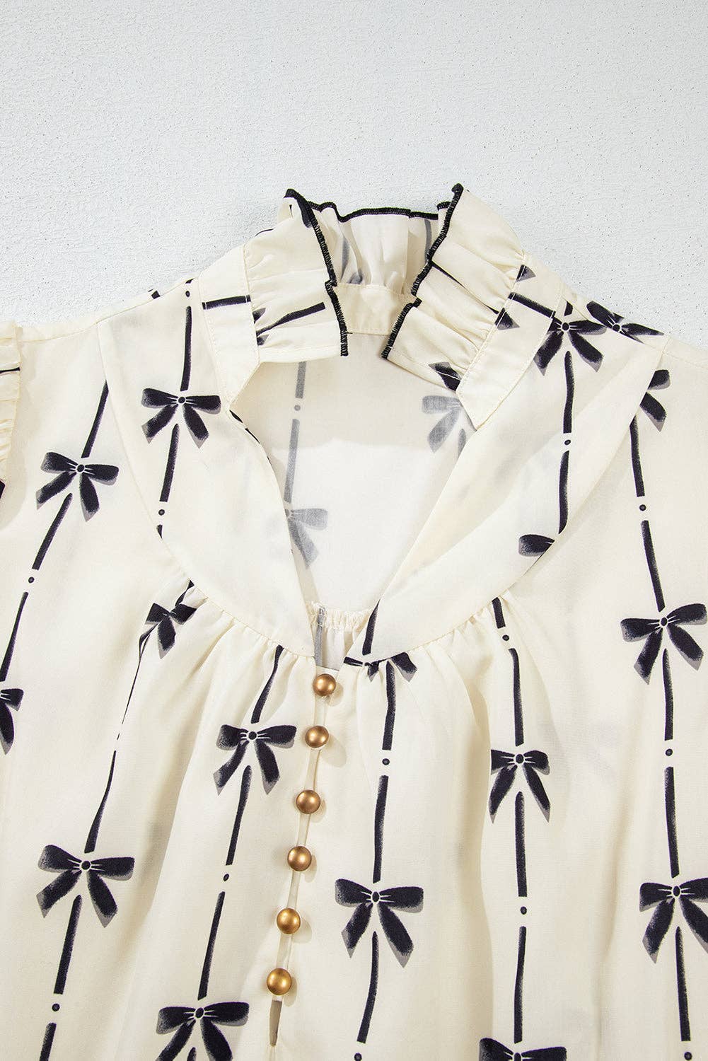 Beige Bowknot Printed Bubble Sleeve V-Neck Dress