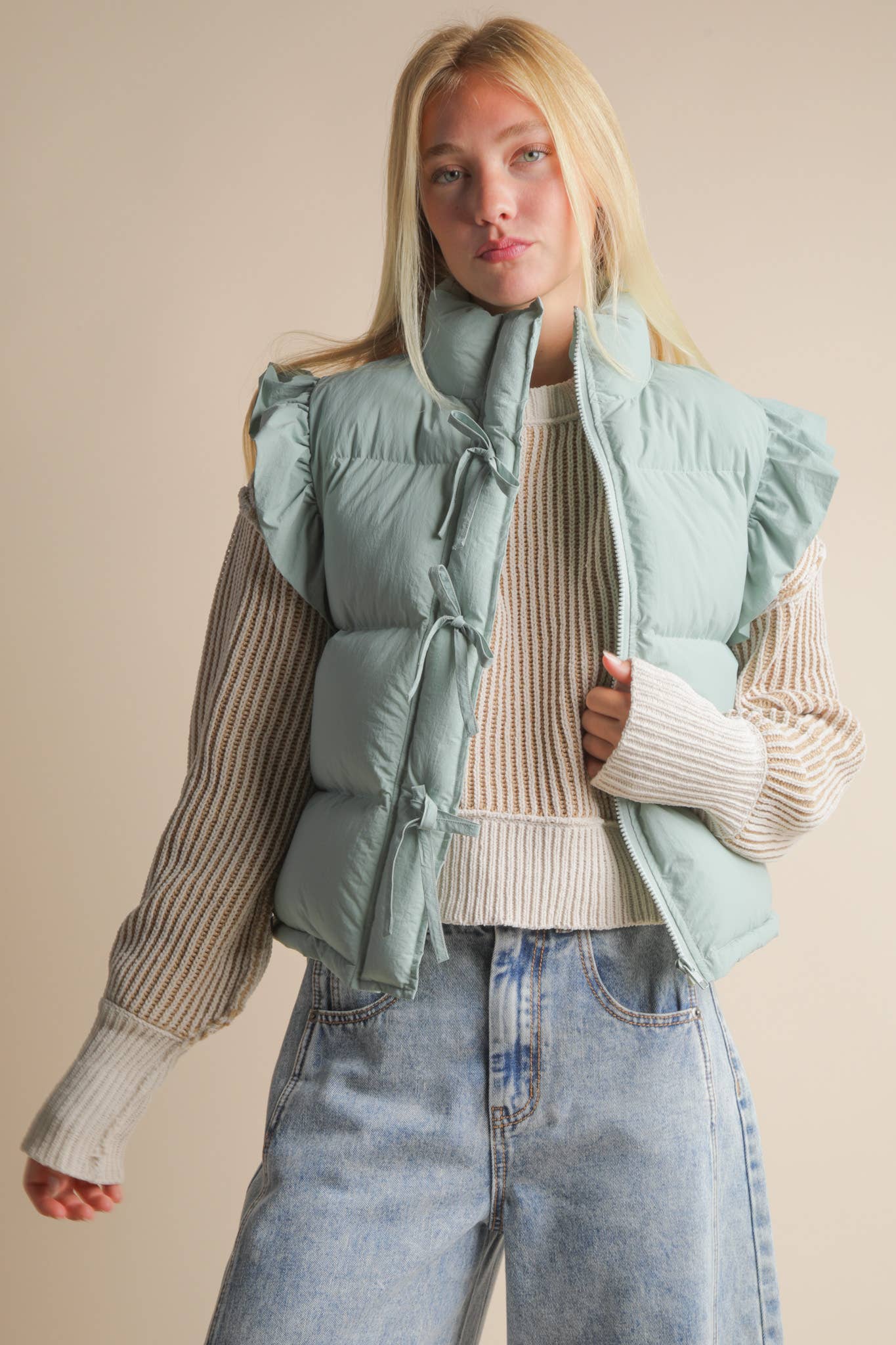 Front Bow Ruffle Sleeve Puffer Vest – Sage