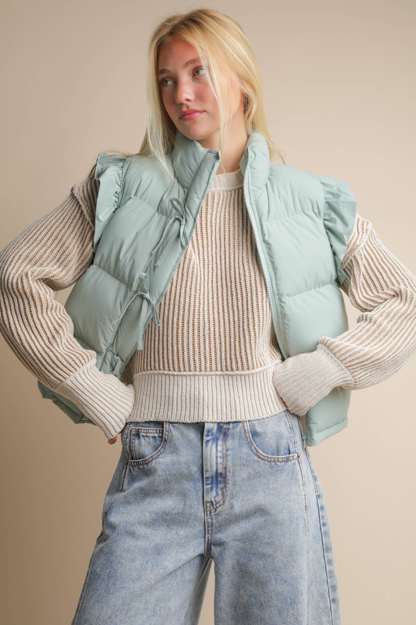Front Bow Ruffle Sleeve Puffer Vest – Sage