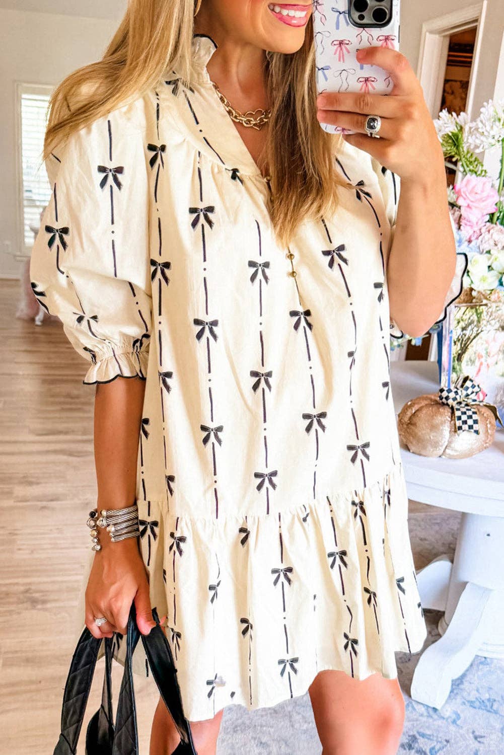 Beige Bowknot Printed Bubble Sleeve V-Neck Dress