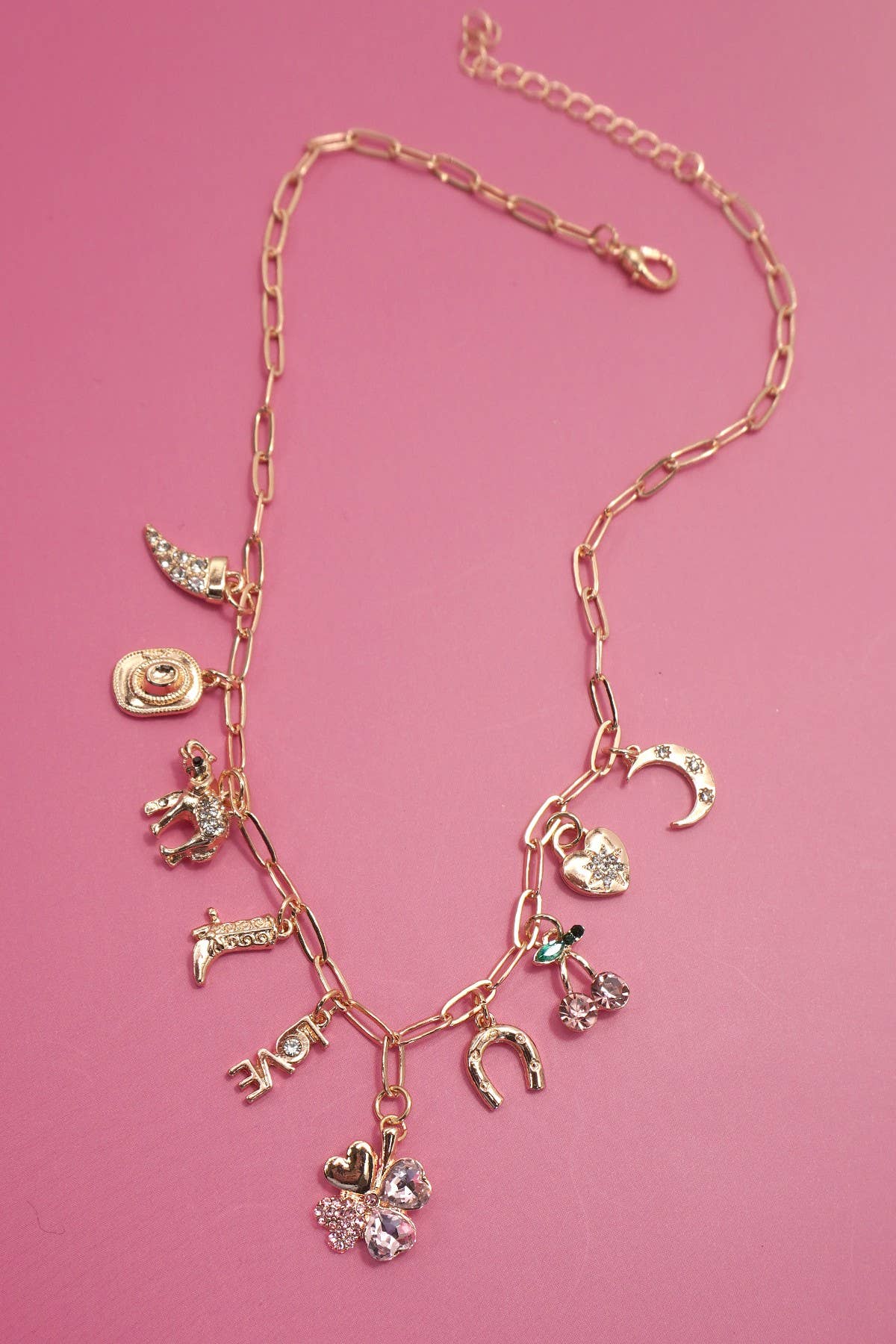CHARM NECKLACE-WESTERN BOOTS HAT HORSESHOE HEART: GOLD