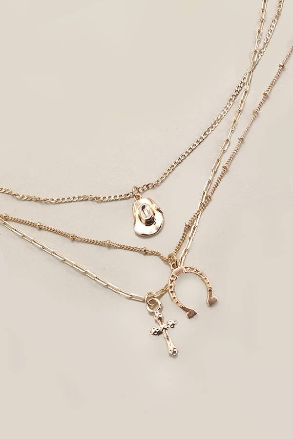 TRIO LAYER HORSESHOE HAT CROSS CAHRM NECKLACE | : Gold
