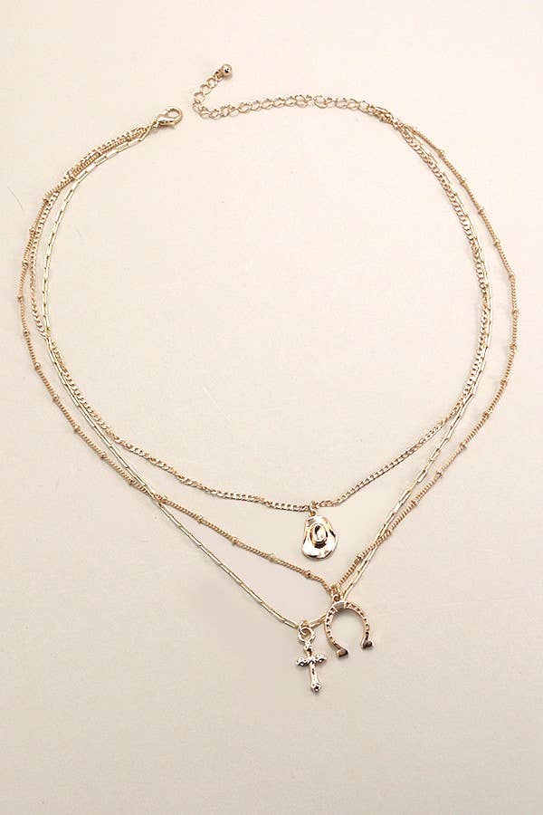 TRIO LAYER HORSESHOE HAT CROSS CAHRM NECKLACE | : Gold